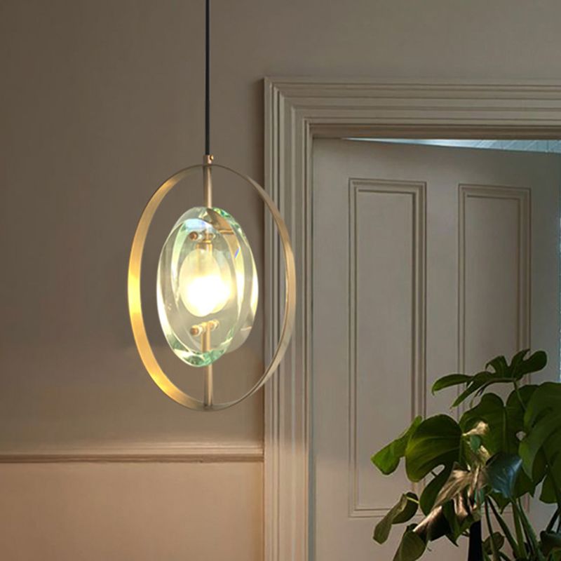 Gold Oval Frame Pendant Ceiling Light Contemporary 1 Head Metal Hanging Light Fixture with Clear Crystal Shade