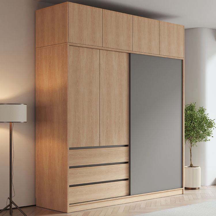 Bedroom Sliding Door Storage Cabinet Light Wood Finish Modern Cabinet with Drawers