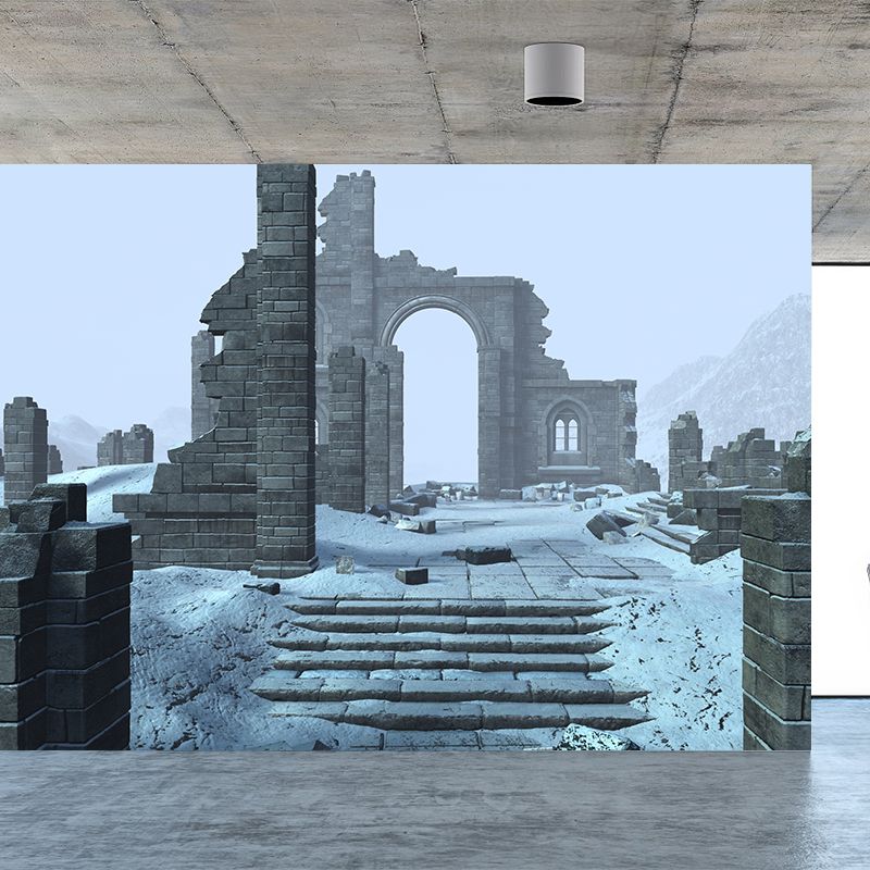 Dilapidated House Mural Decal Cadet Blue Contemporary Wall Covering for Living Room