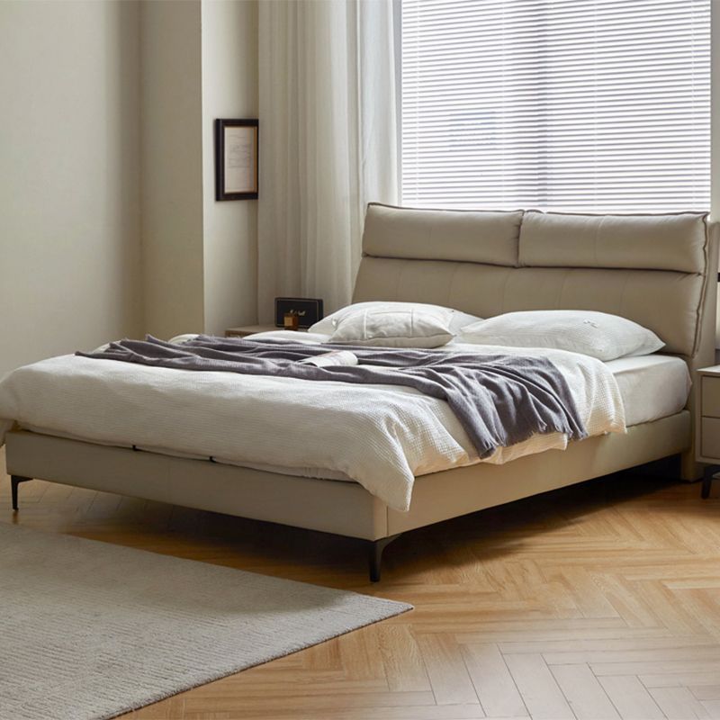 Leather Standard Bed Contemporary Wood Frame Bed with Upholstered Headboard