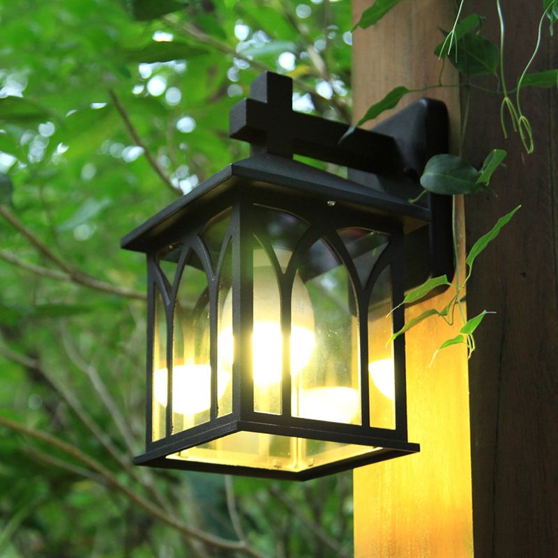 Farmhouse Cuboid Wall Mounting Lighting 1 Bulbo Lámpara de pared de vidrio transparente aplastante en negro con fondo abierto