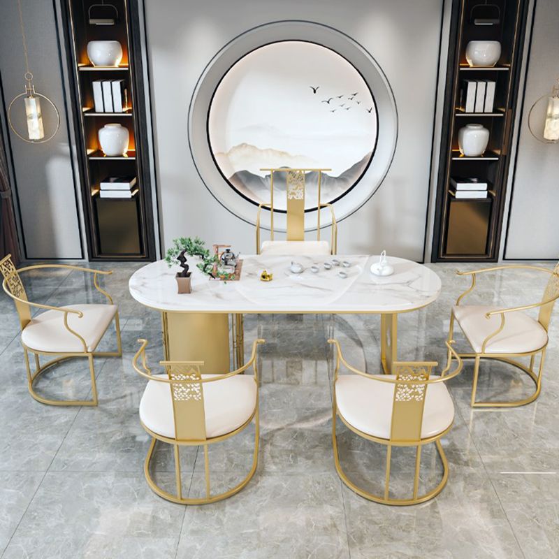 Traditional Luxury Oval Dining Table Sintered Stone Table with Gold Double Pedestal for Dining Room
