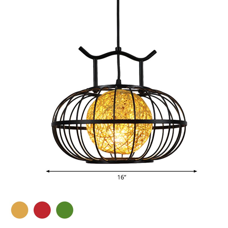 Caza de calabaza de metal Luz colgante colgante con sombra de bola de ratán interna Estilo asiático 1 Lámpara de suspensión de luz en rojo/amarillo