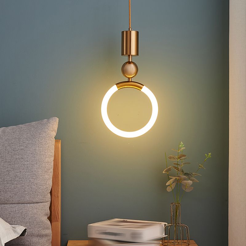 1-Light LED Circle Suspended Lighting Fixture Gold Pendant Light Kit for Bedroom