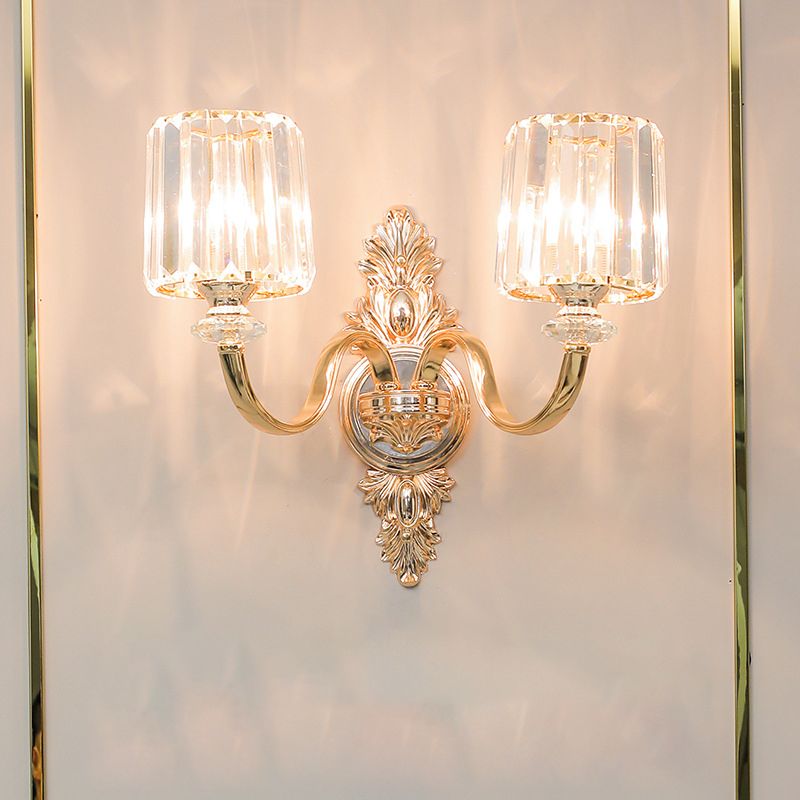 2-Bulb Wall Light Sconce Retro Cylinder Crystal Block Wall Mounted Lighting in Gold with Carved Backplate