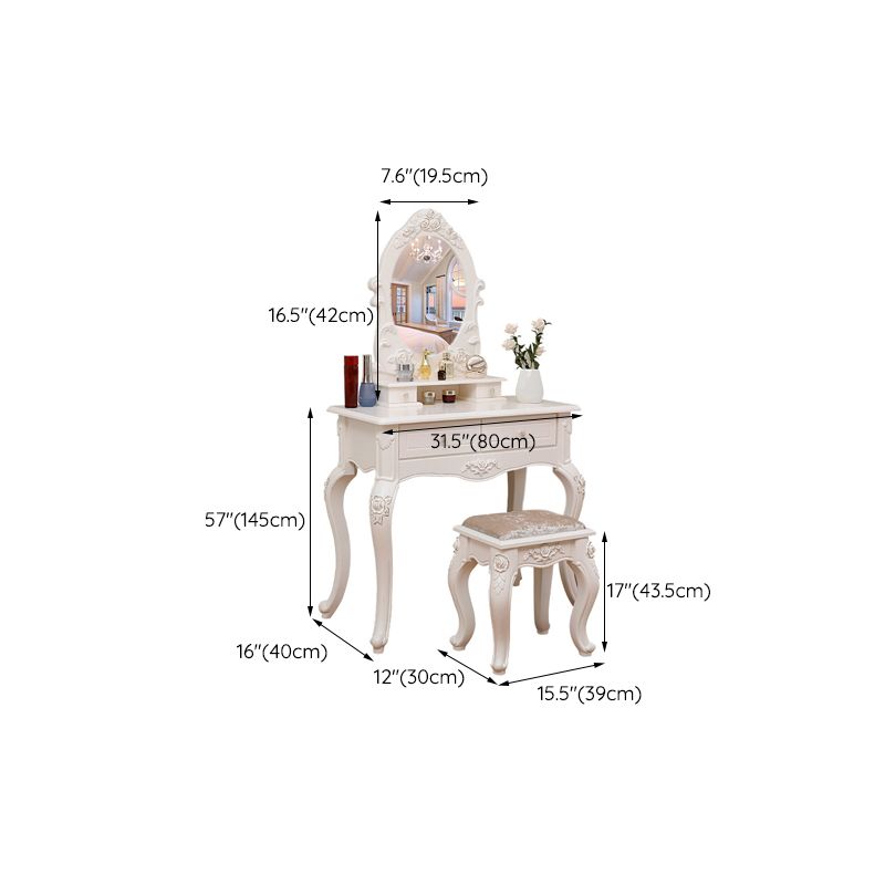 Victorian Mirrored Makeup Dressing Table Wood Stool Set in White