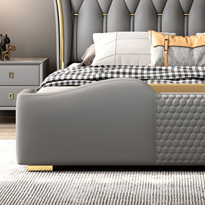 Glam wood Standard Bed Faux Leather Bed Frame with Upholstered Headboard for Bedroom