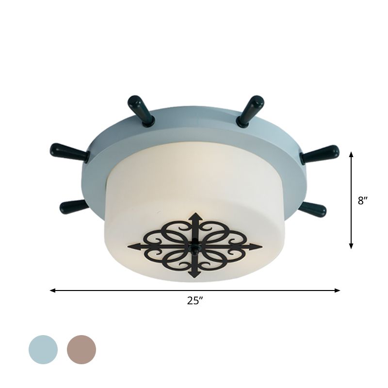 White Glass Drum Flush Ceiling Light Kids LED Flush Mount Fixture with Rudder Blue/Brown Canopy