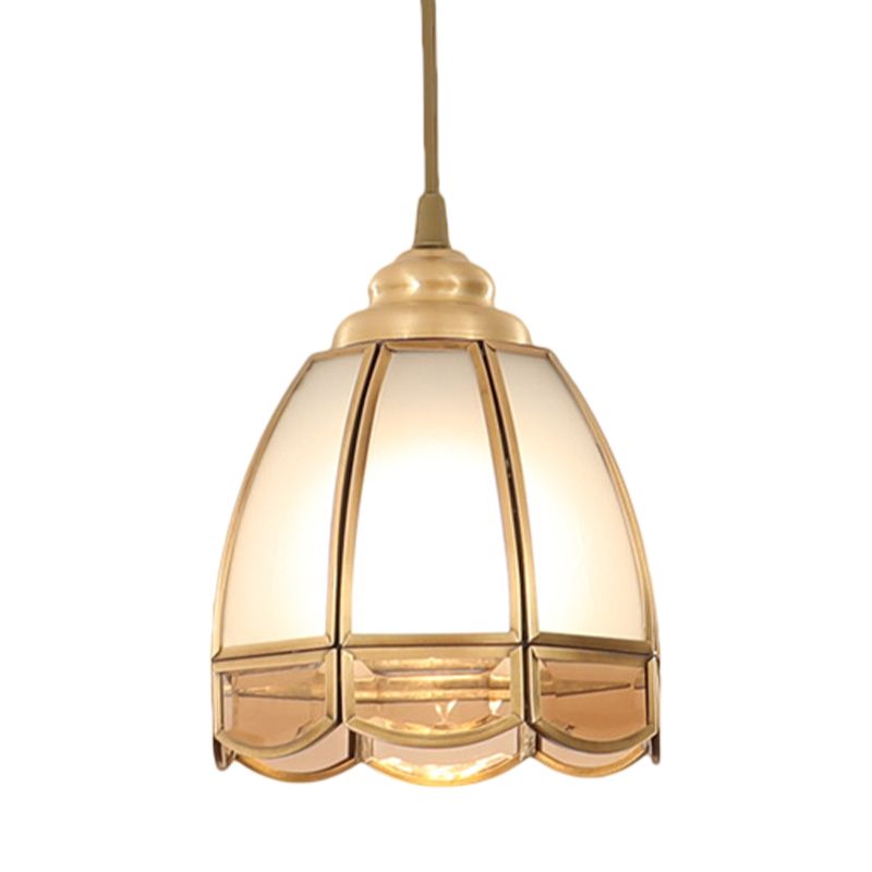 Frosted Glass Bowl/Flower/Wide Flare Hanging Lamp Kit Traditional Style 1 Light Dining Room Pendant Light in Brass