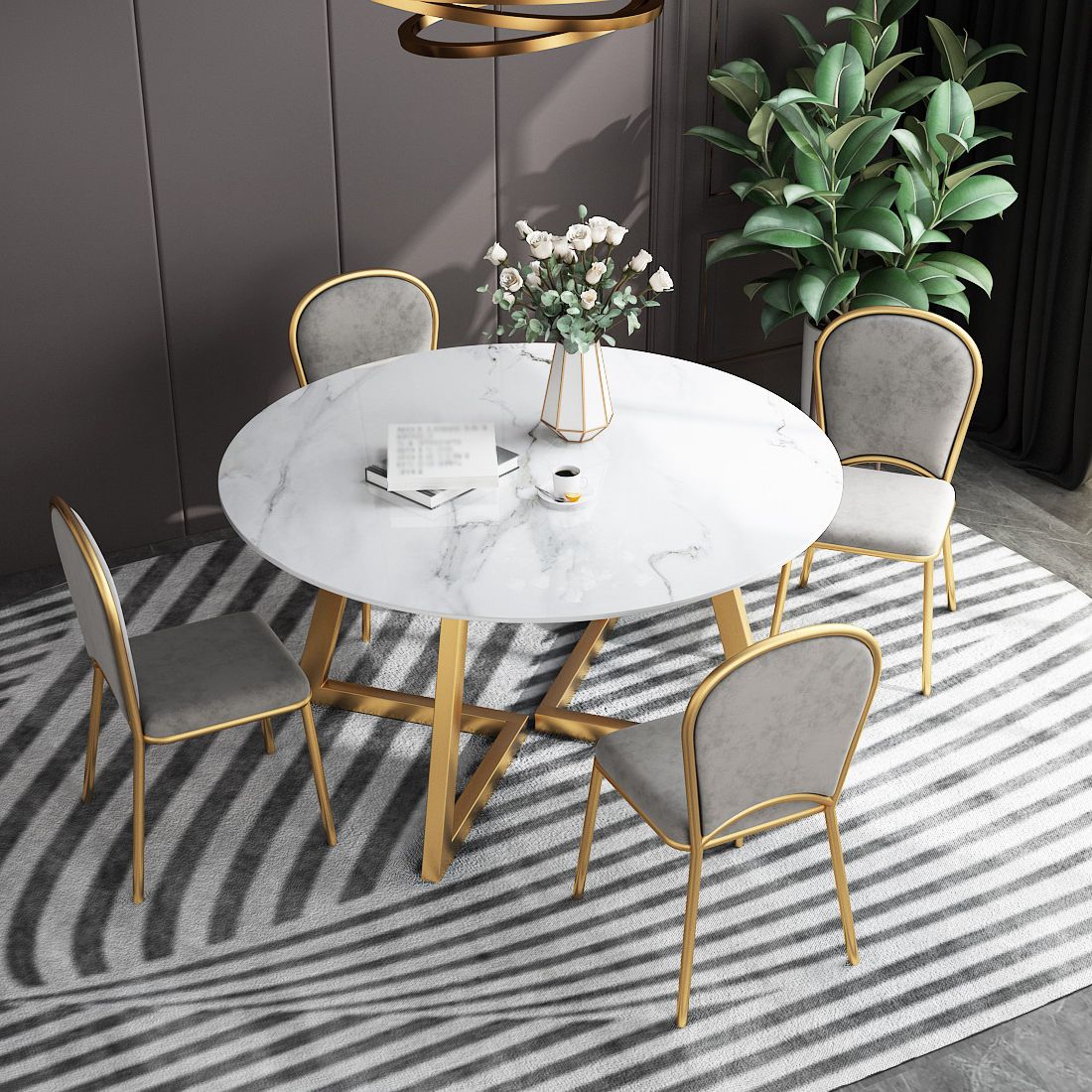 White Stone Top Dining Table Glam Style Gold Base Dining Table for Living Room