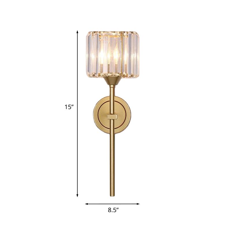 Simplicity Cylindrical Wall Lamp 1 Head Clear Crystal Block Sconce in Gold with Pencil Arm