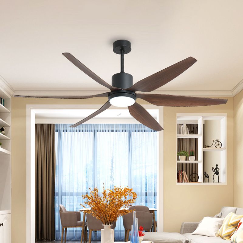 55.5" W LED Semi Flush Lighting Traditional Cylinder Metal Hanging Fan Lamp in Black with 6 Brown Wooden Vanes