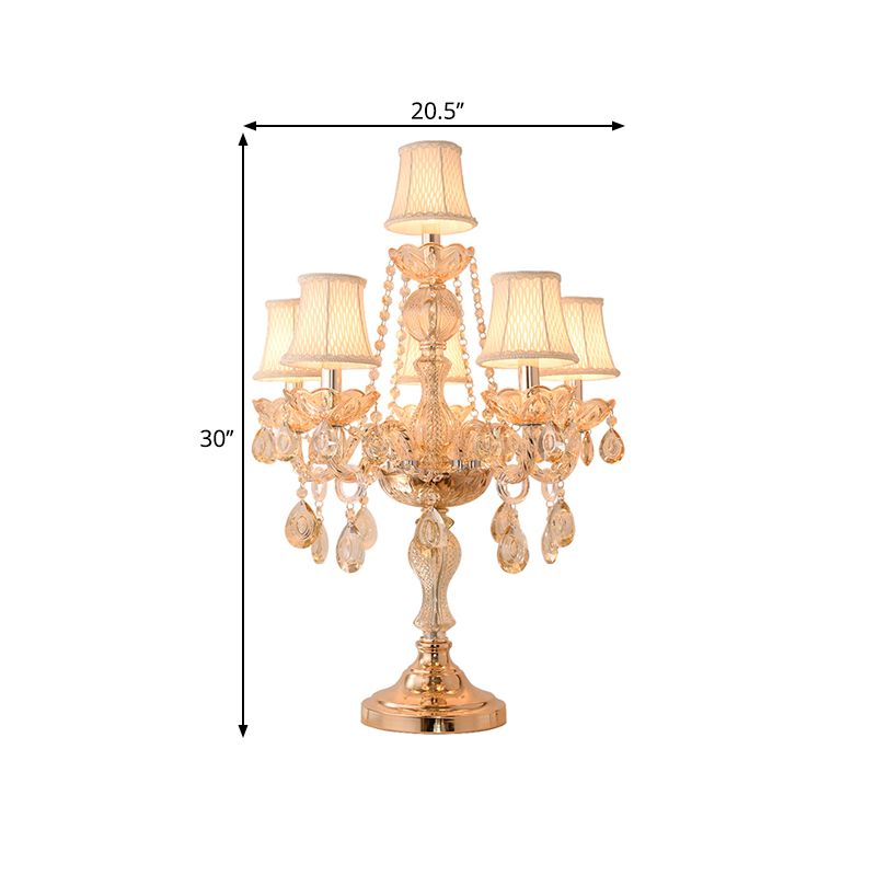 5/6 têtes Candelabra Table Light Traditional Gold Crystal Droplets Tablette de nuit avec / Sans nuance de tissu de cloche blanche