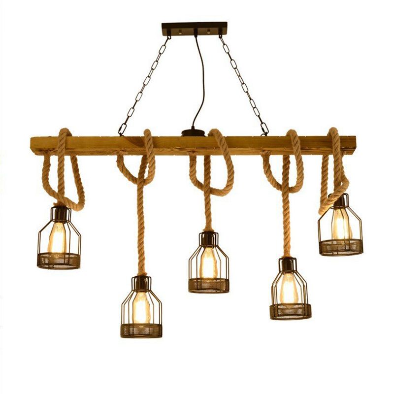 5-Head Rope Pendant Lamp Industrial Beige Linear Restaurant Island Light with Cage