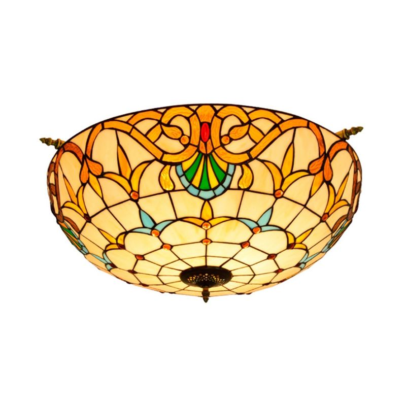 Baroque Dome Semi Flush Mount Lighting 5 Bulbs Handcrafted Stained Glass Close to Ceiling Lamp in White/Blue, 21.5"/25.5" W