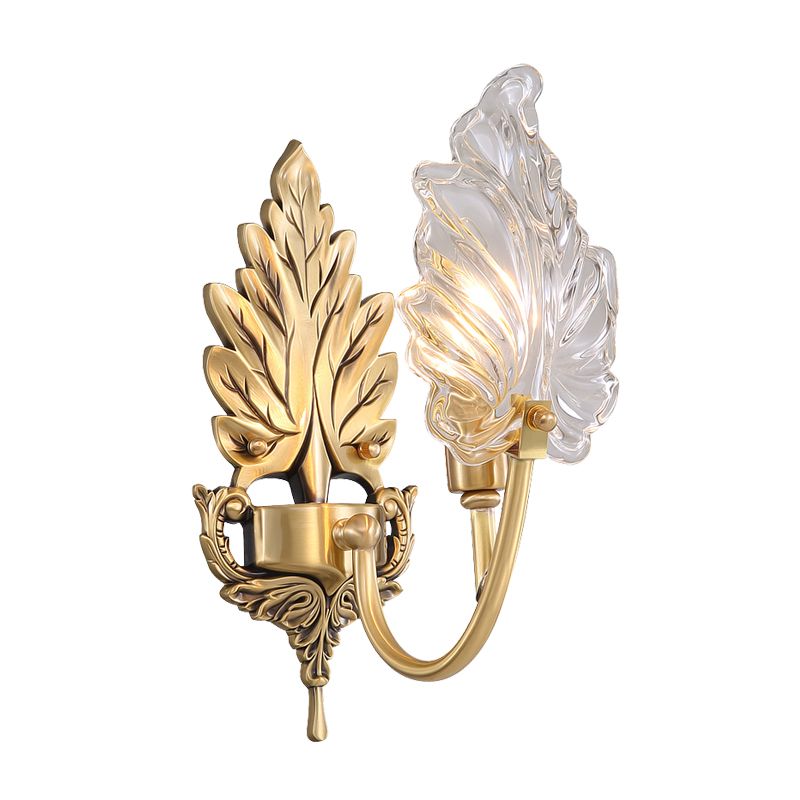 Lampada con foglie di palme tradizionale 1/2 luci trasparenti l'illuminazione della parete di vetro con braccio arcuato in ottone