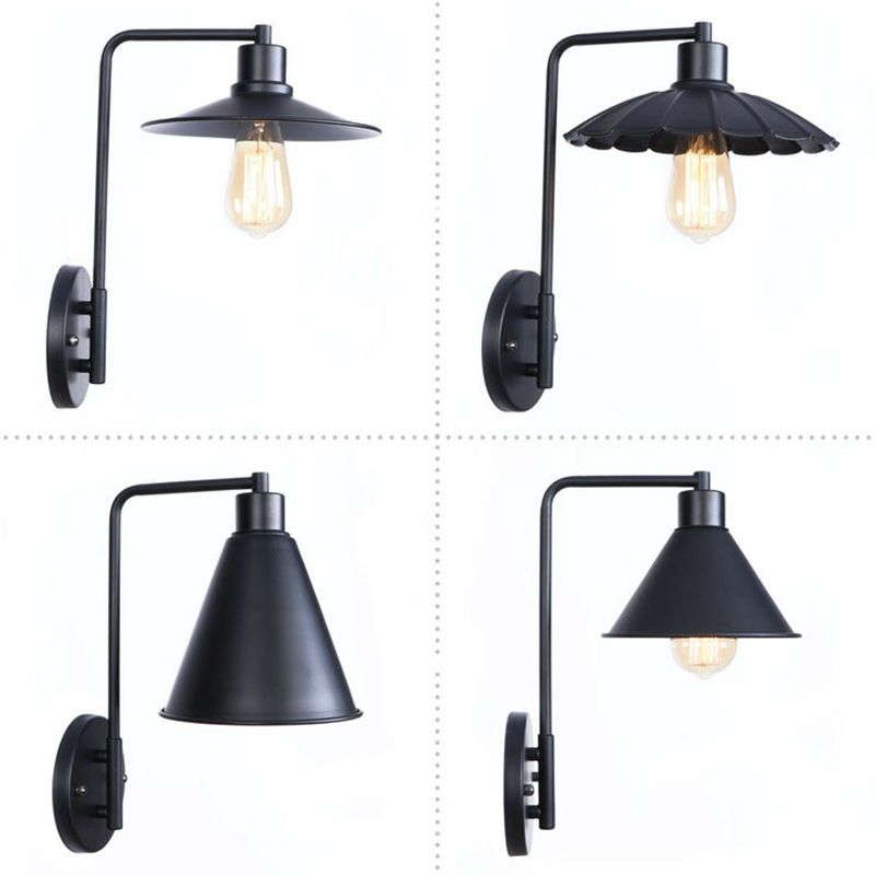 Black/White Square Arm Wall Light Fixture Loft Iron 1 Head Bedside Wall Mount Lamp with Cone/Flared/Scalloped Shade