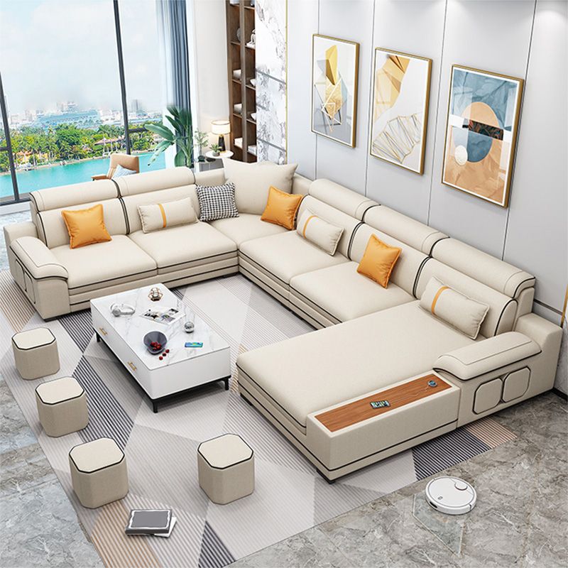 Faux Leather Cotton Blend Furniture Sectionals with Storage in Beige