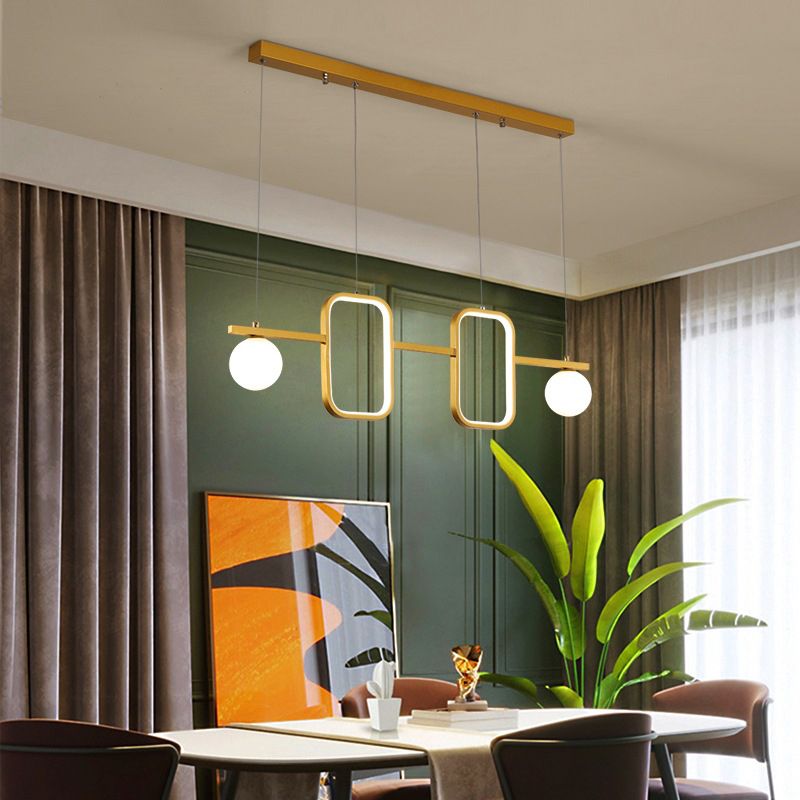 Symmetrical Geometric LED Hanging Light Minimalist Metal Dining Room Island Ceiling Light with Cream Glass Shade