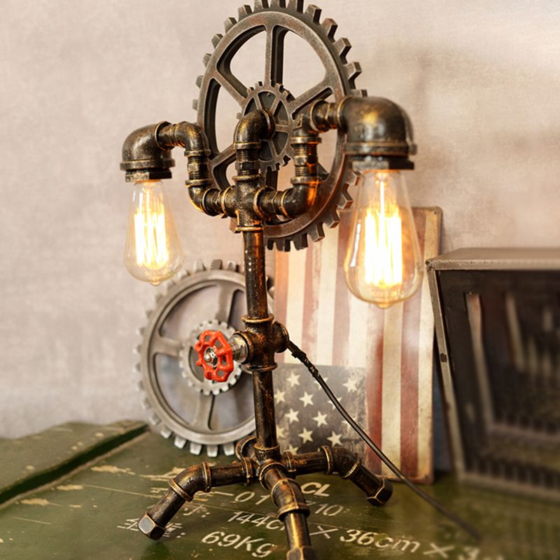 2 Lights Table Lighting with Water Pipe and Gear Wrought Iron Bedroom Standing Light in Antique Brass