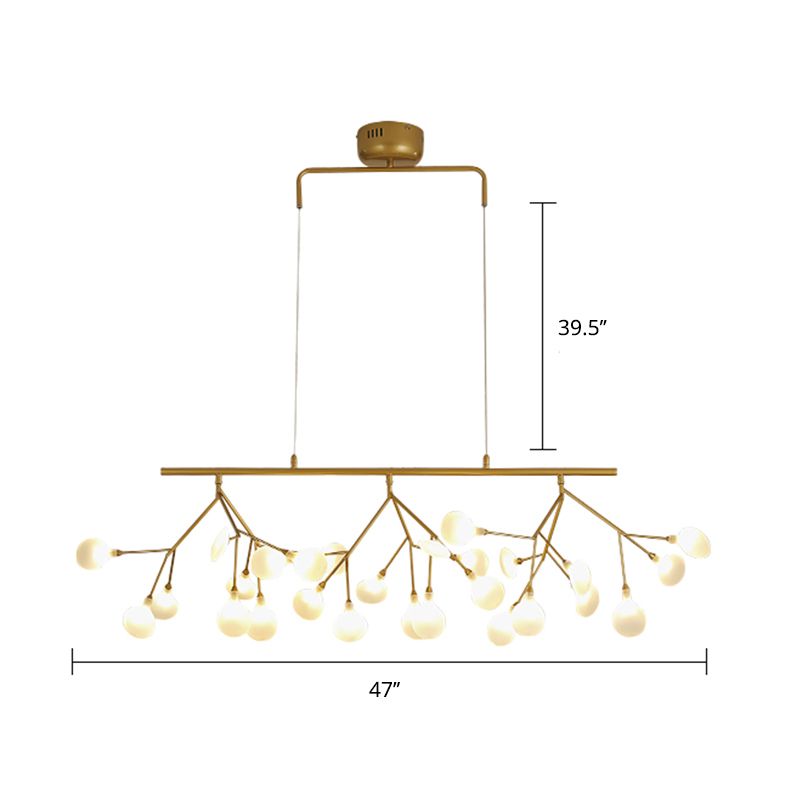 Minimalist 27-Bulb Island Light Brass Finish Branch Hanging Lamp with Glass Shade