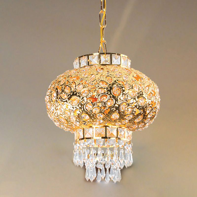 Gold Lantern Chandelier Retro Modern Crystal Hanging Light Fixture for Hallway