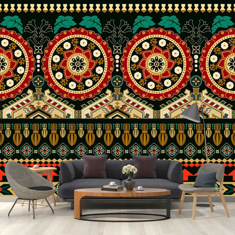 Mandala Seamless Pattern Wallpaper Mural Bohemian Non-Woven Cloth Wall Art in Yellow-Green