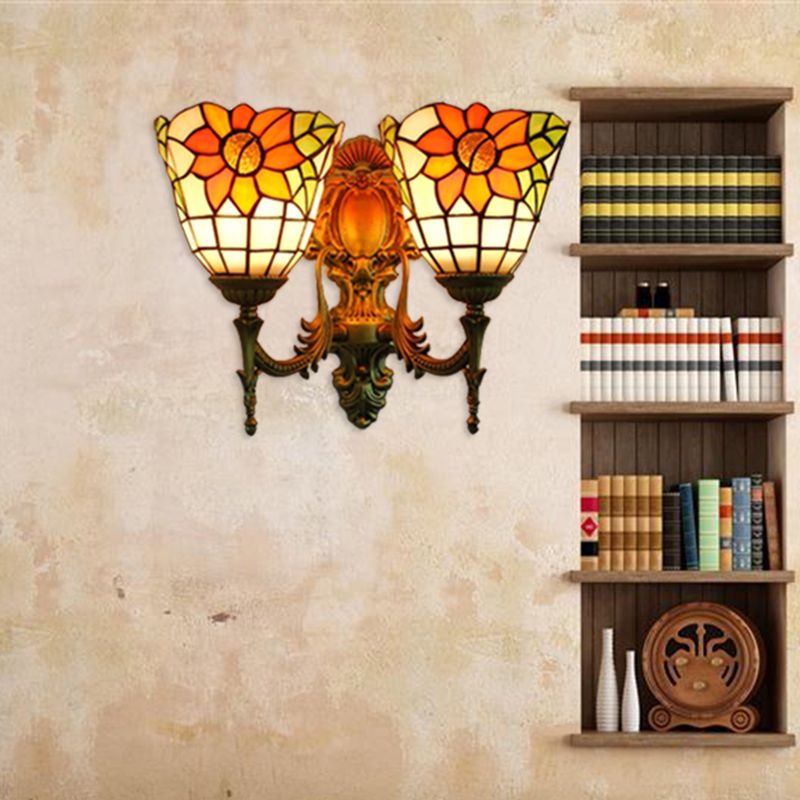 Sunflower Wall Mount Light Lodge Style Stained Glass 2 Heads Wall Lighting for Bedroom