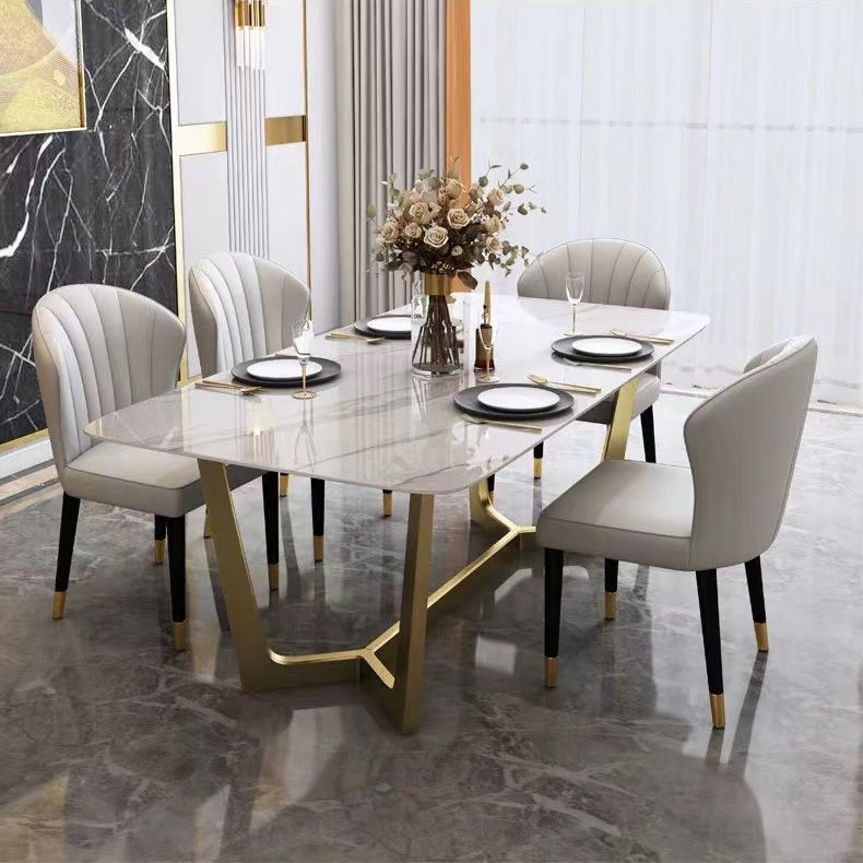 Glam Dinette Table Stone Rectangle Dining Room Table in White