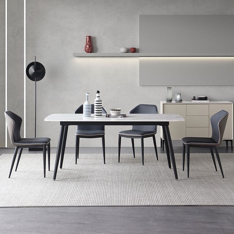 Mesa de comedor de piedra sinterizada de estilo contemporáneo con mesa fija blanca y base de 4 patas