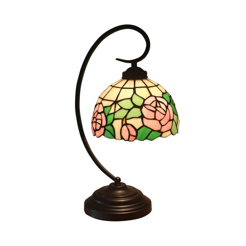 Bronze Curvy Night Light Baroque 1 Head Metal Red/Pink Rose/Tulip Patterned Desk Lighting with Bowl Cut Glass Shade