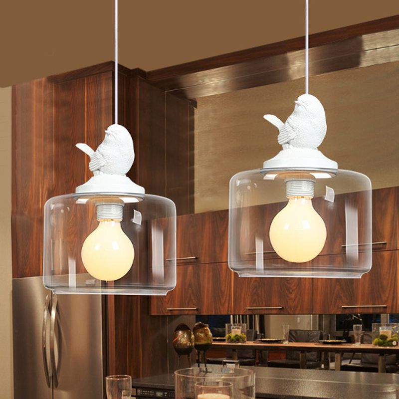 Drum Shaped Dinette Pendant Lamp Clear Glass 1 Bulb Modern Hanging Lamp Kit with White Bird Top