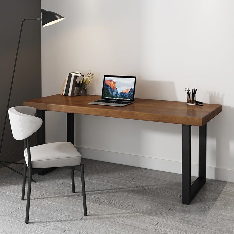Modern Rectangular Writing Desk Brown Pine Wood Top Black Base Desk