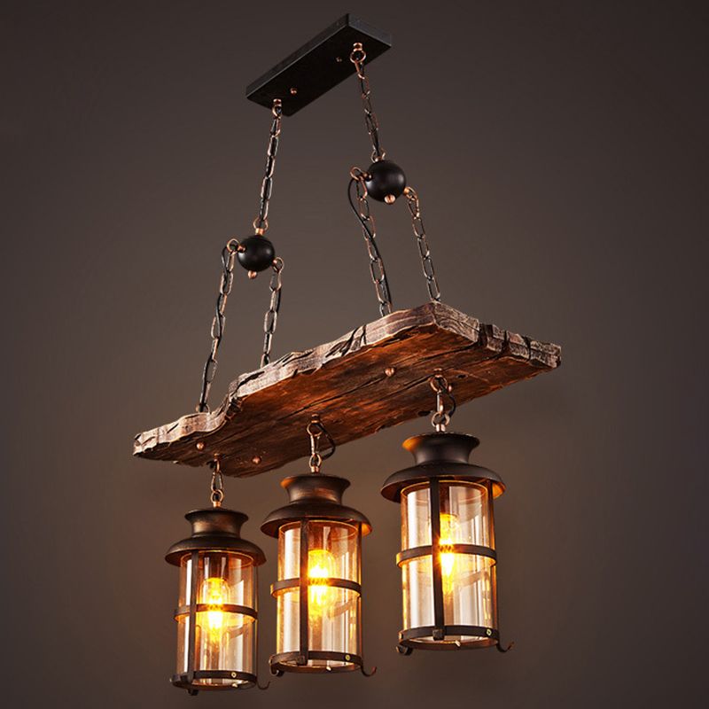Industrial Style Island Light 3 Lights Lantern Shape Wooden Island Pendant Lamp for Bar Restaurant