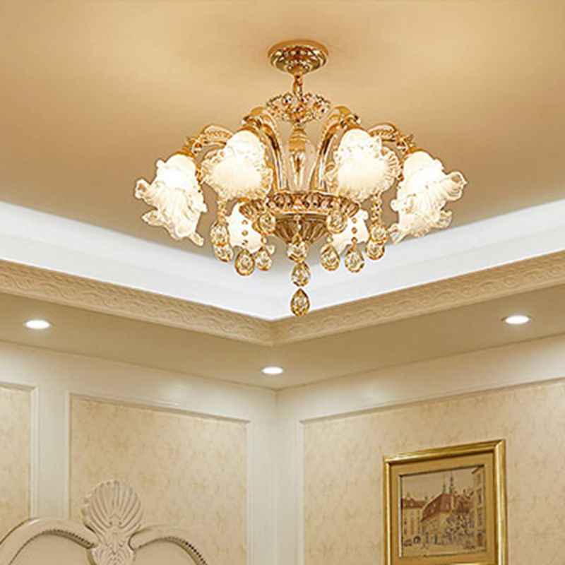 Ribbed Glass Ruffled Flower Suspension Light Retro Living Room Chandelier Light with Crystal Draping in Gold