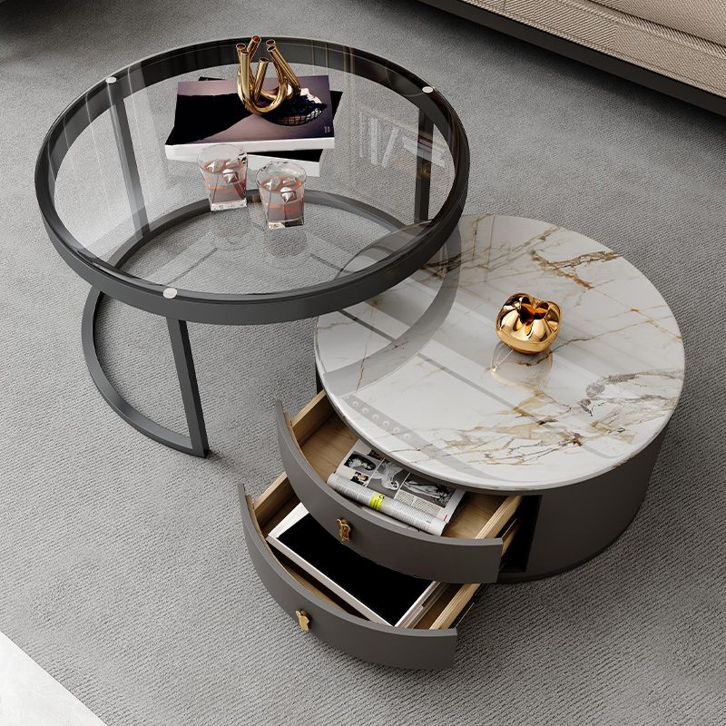 Modern Coffee Cocktail Table Round Nesting Coffee Table Set with Drawer