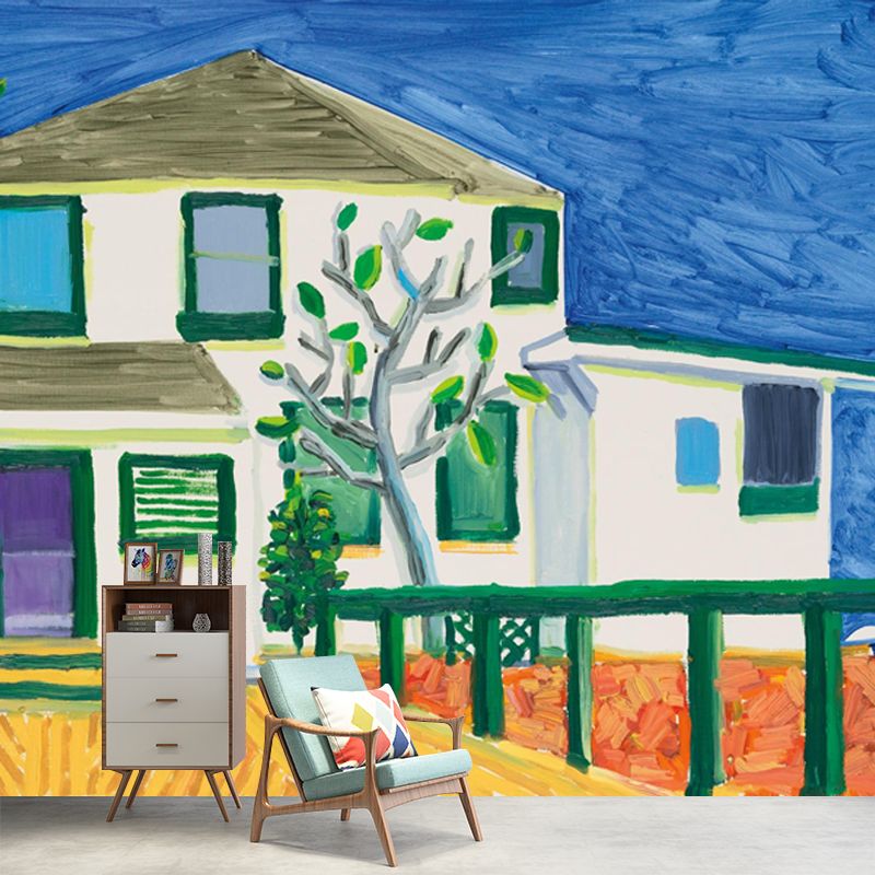 Large Storey House Wallpaper Murals Blue-White Non-Woven Wall Art, Moisture Resistant, Custom Size