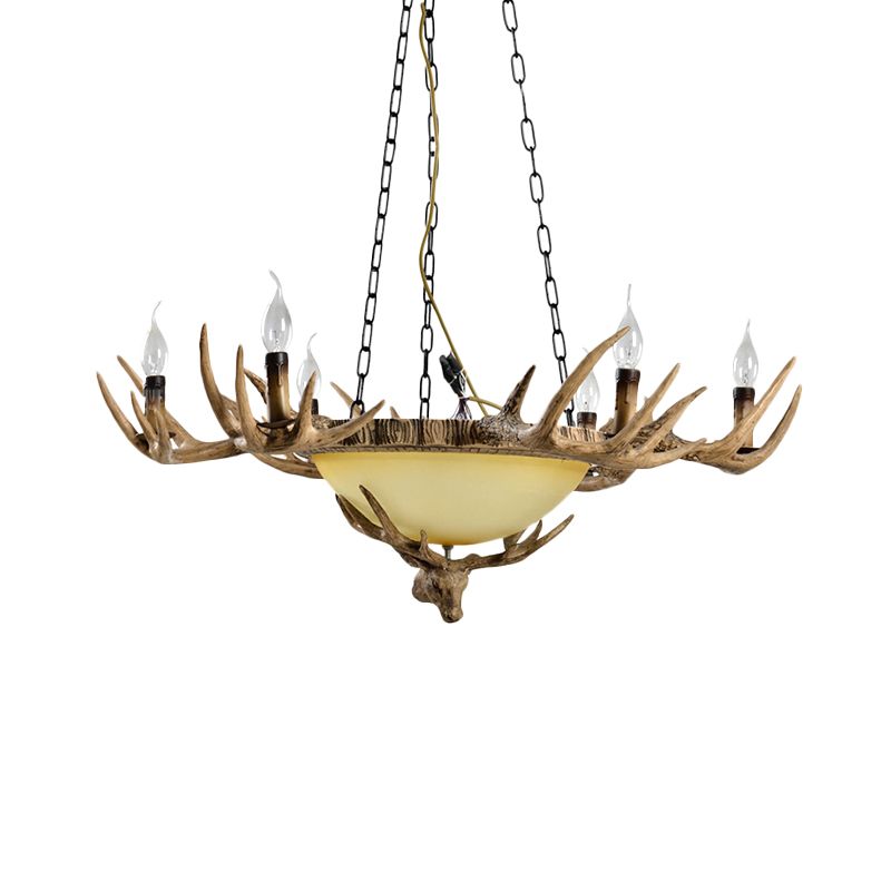 Candle Glass Ceiling Lamp Traditional 6-Head Living Room Chandelier Pendant Light in Brown