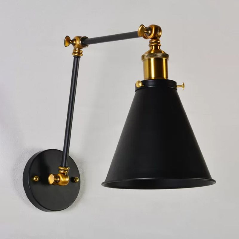 Black-Brass Conical Wall Lamp Fixture Retro Iron 1 Bulb Studio Task Wall Light with Swing Arm