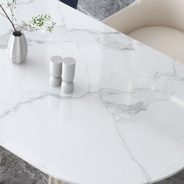 Irregular Island Sintered Stone Dining Table Modern Table in White with Metal Double Pedestal