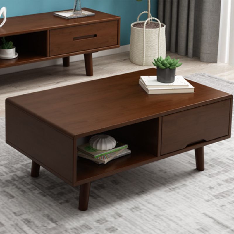 Scandinavian Rubberwood Coffee Table with 4 Straight Legs and Drawer