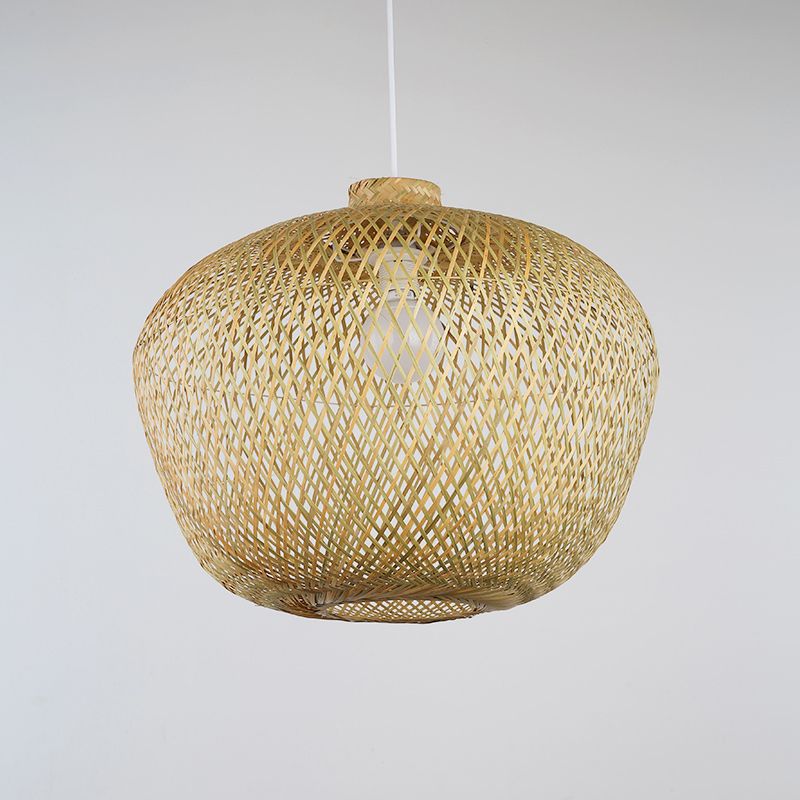 Asia Crock Bamboo Weaving Ceiling Lamp 1 Light Hanging Pendant in Beige for Living Room