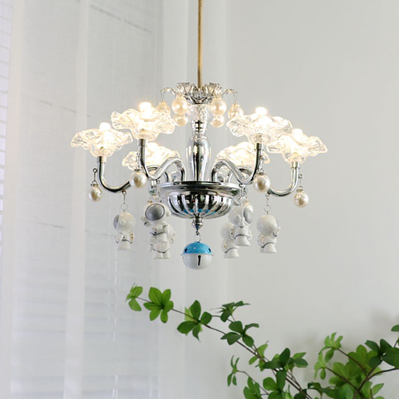 Clear Glass Chandelier Modern 6-Light Silver Suspension Light for Bedroom