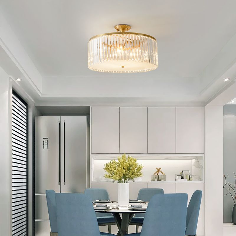 4/5/6 Bulbs Drum Semi Flush Ceiling Light Modern Clear Crystal Ceiling Lamp in Gold for Living Room