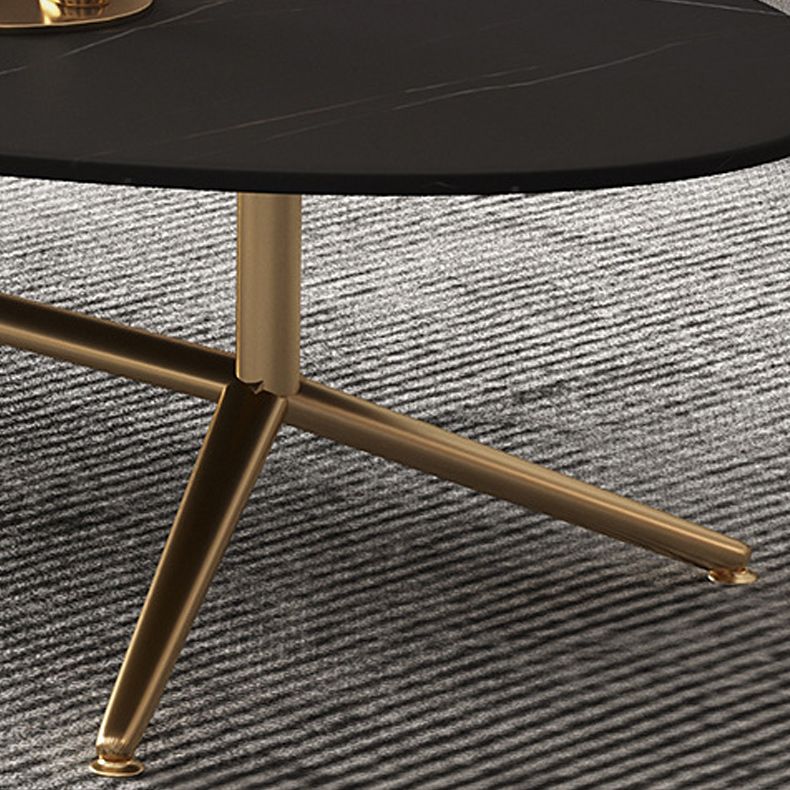 Glam Style Coffee Table with Oval Stone Top and Steel Trestle Base