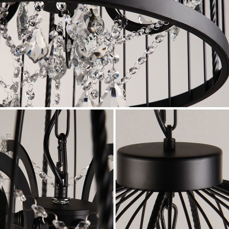 Farm Style Birdcage Chandelier Lamp Metal Pendant Light with Clear Crystal Drapes