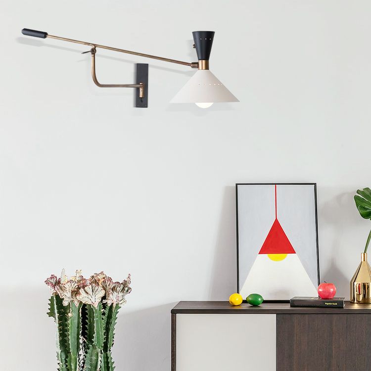Nordic Swing Arm Wall Light Metal Conical Shade Wall Sconce for Living Room