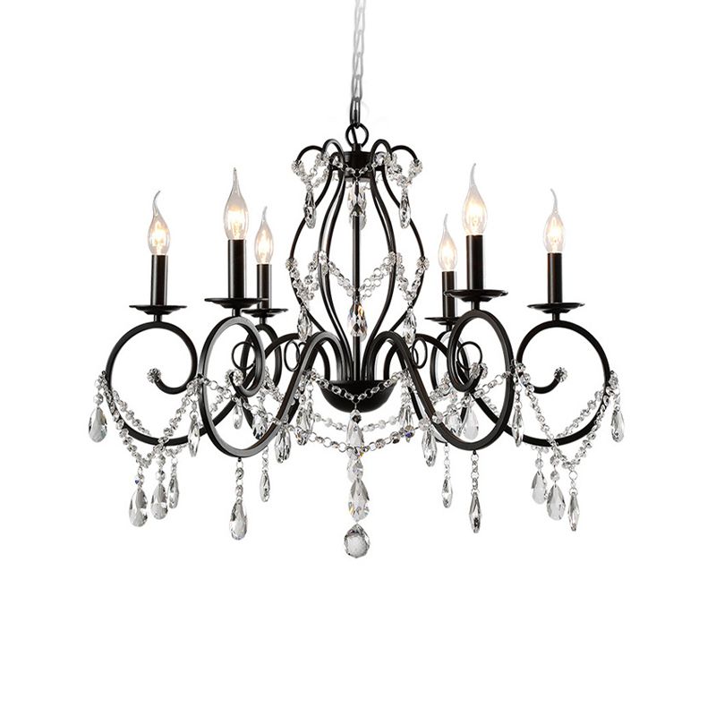 Retro Candlestick Chandelier Iron Hanging Lamp with Crystal for Living Room
