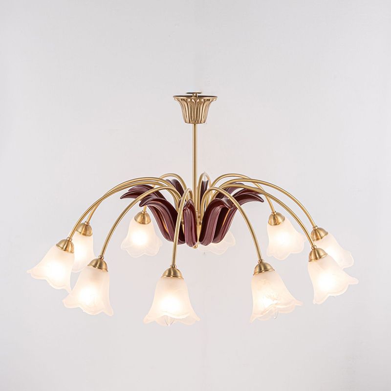 Frosted Glass Chandelier Antique Golden Scalloped Pendant Light Fixture for Living Room