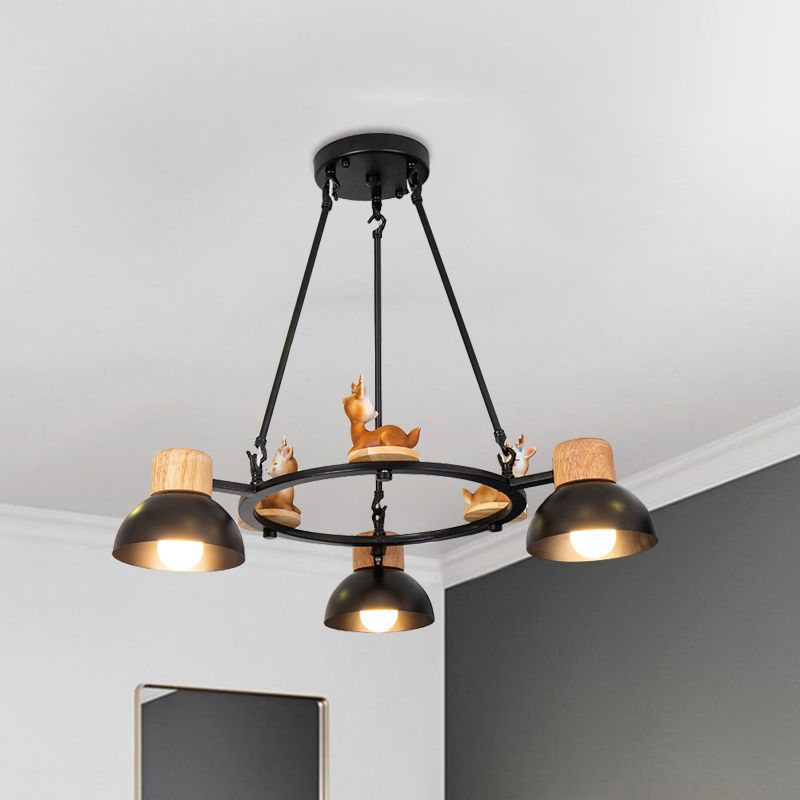 Kids Domed Pendant Chandelier Metal 3/6 Lights Living Room Suspension Lighting with Deer/Horse Decor in Black/White